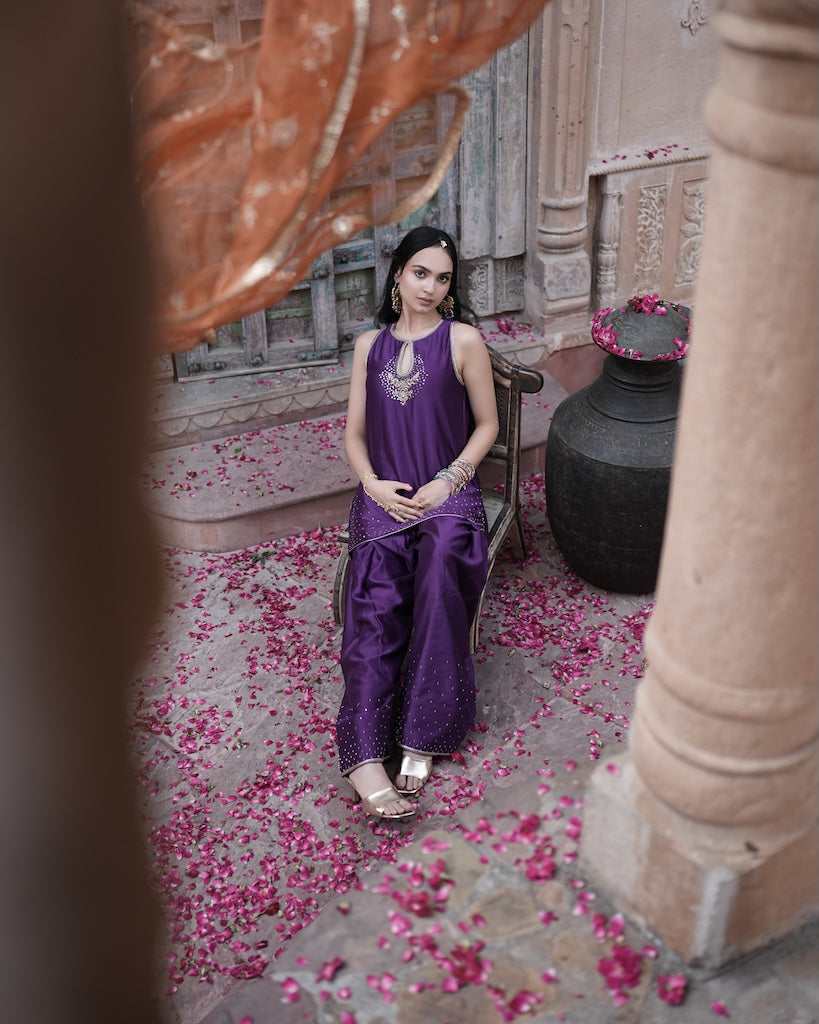 Adaa Purple Embroidered Kurti Set