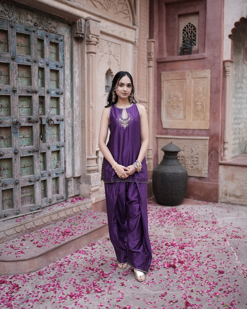 Adaa Purple Embroidered Kurti Set