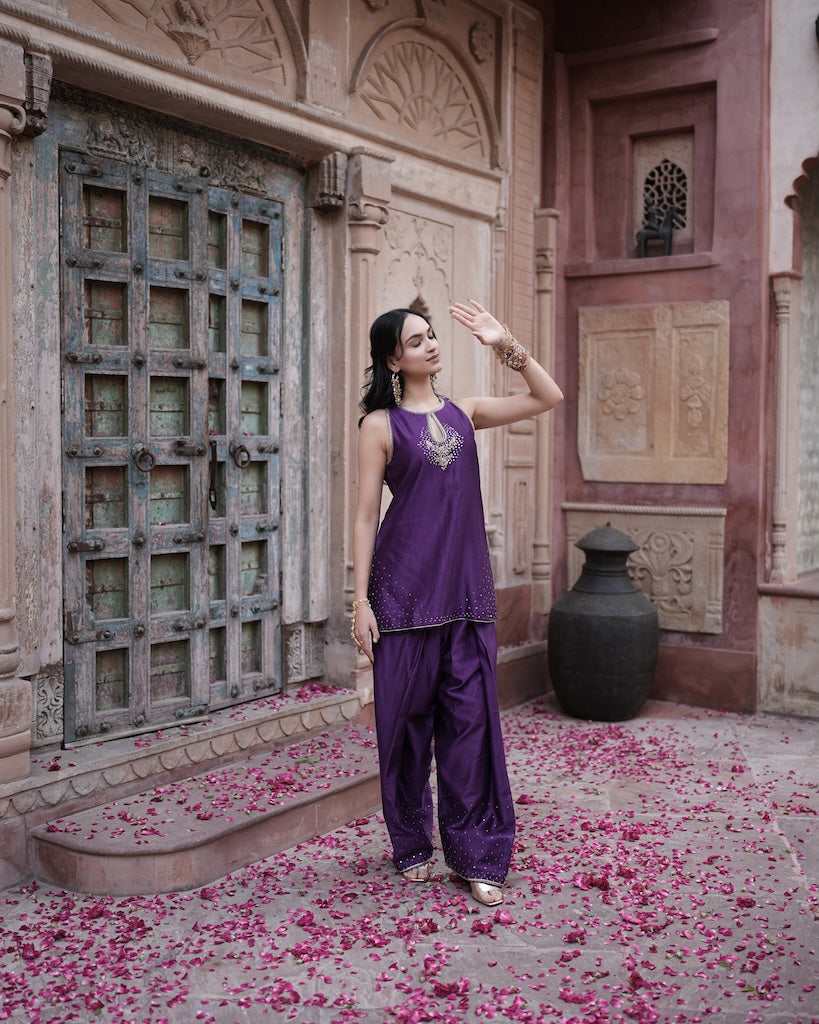 Adaa Purple Embroidered Kurti Set