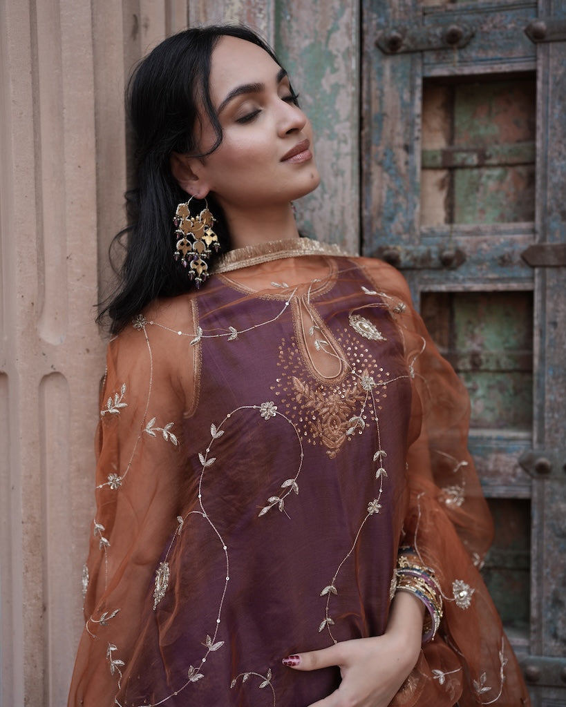 Adaa Purple Embroidered Kurti Set