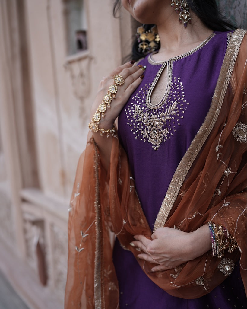 Adaa Purple Embroidered Kurti Set